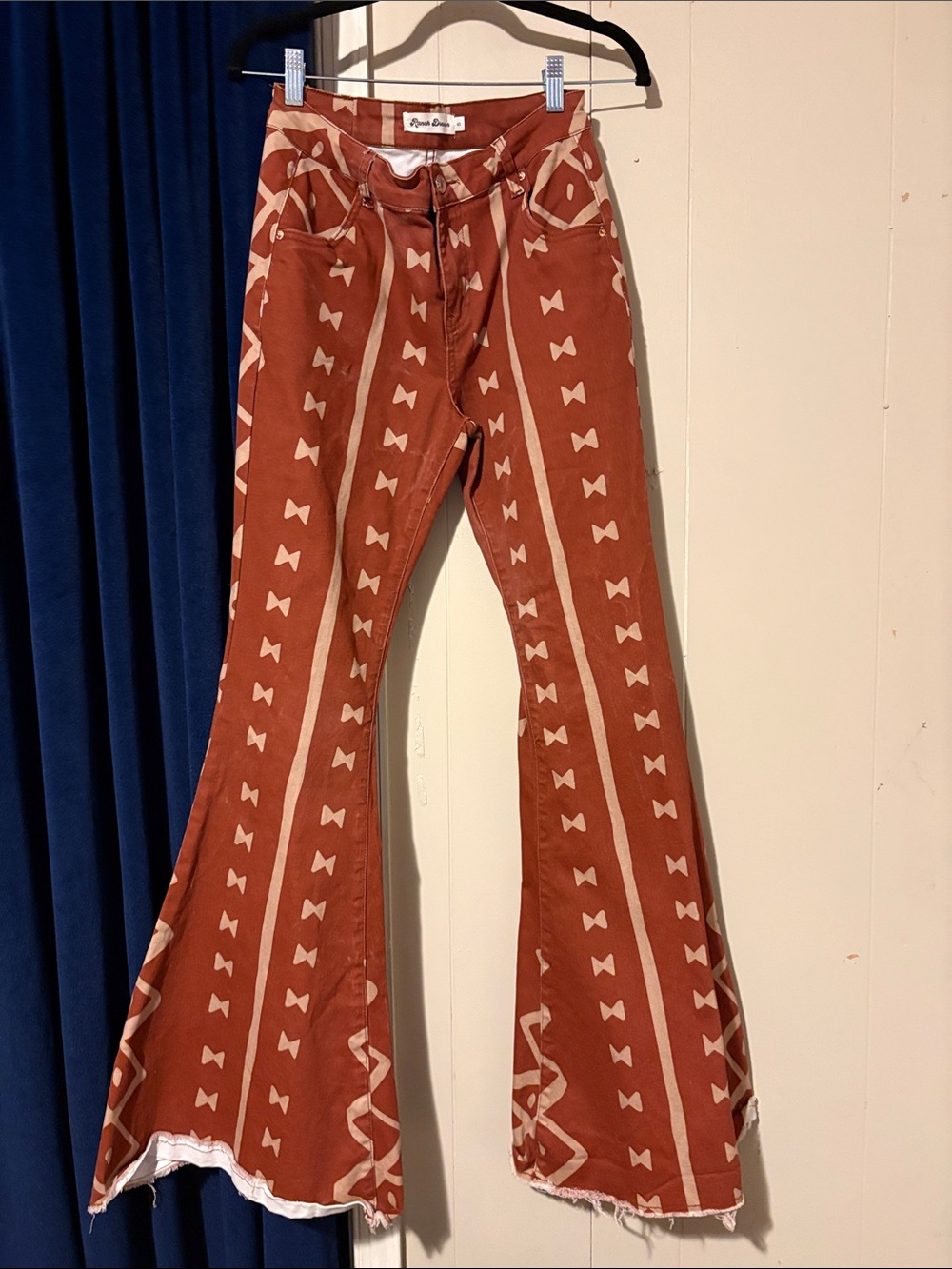 Rust Printed Flared Jeans - Vintage-Inspired Wide Leg